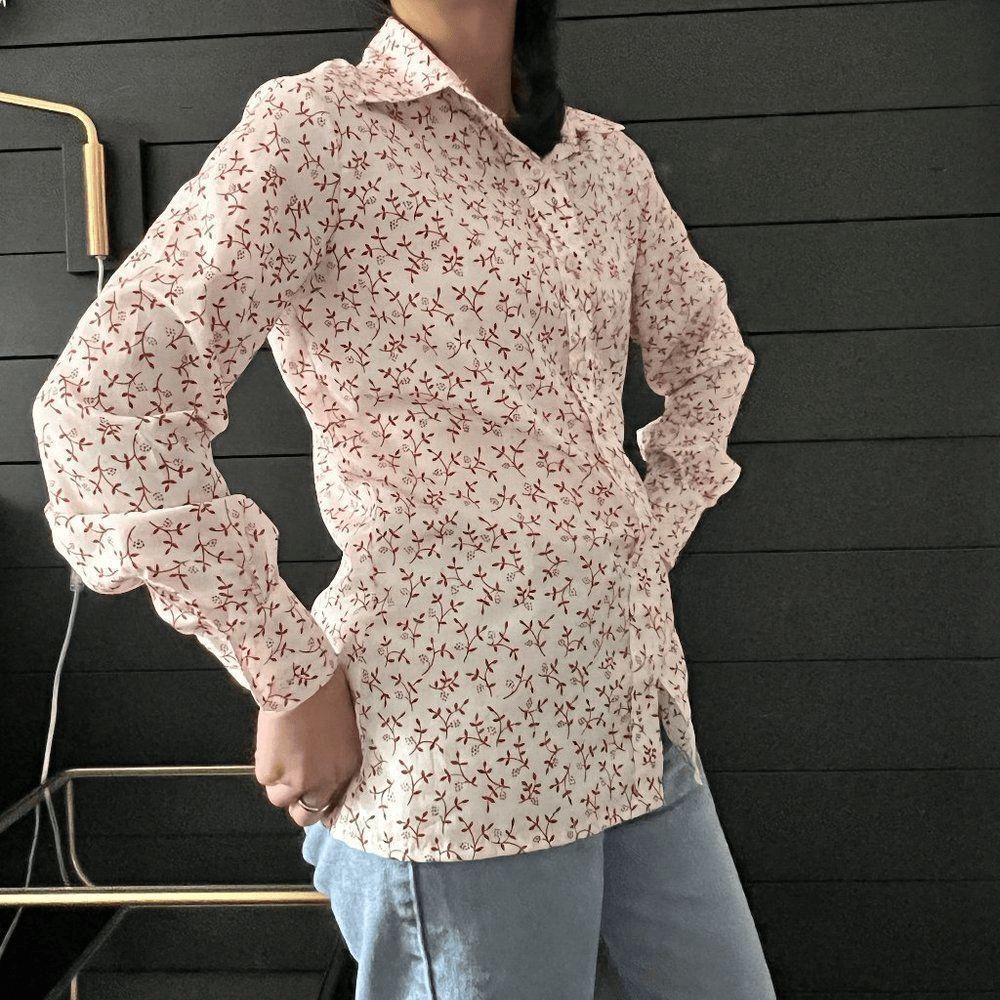 Vintage 1970s floral long sleeve button down blouse pretty secretary medium - Picture 5 of 9